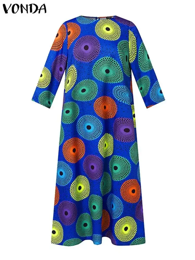 Long Dress Women Fashion Autumn Bohemian Vintage Printed Maxi Sundress Casual Loose 3/4 Sleeve Party Robe