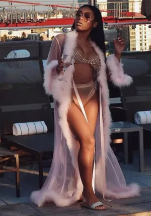 Luxurious Sheer Long Bathrobe with Fluffy Fur Trim