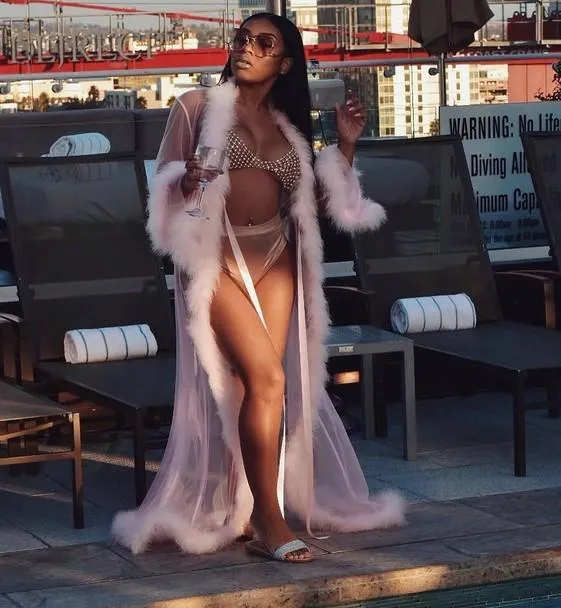 Luxurious Sheer Long Bathrobe with Fluffy Fur Trim