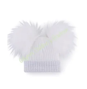 luxury Faux  fur double Pom Pom Hat white,light silver trim first size