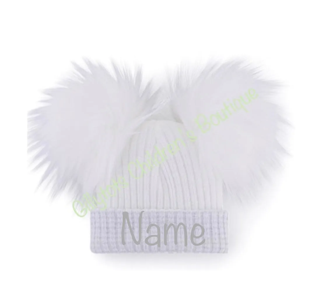 luxury Faux  fur double Pom Pom Hat white,light silver trim first size