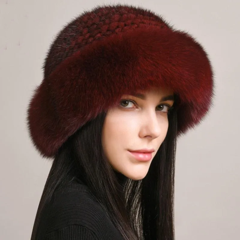 Luxury Handmade Knitted Mink Fur Hat Cap for Women