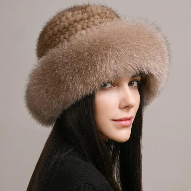 Luxury Handmade Knitted Mink Fur Hat Cap for Women