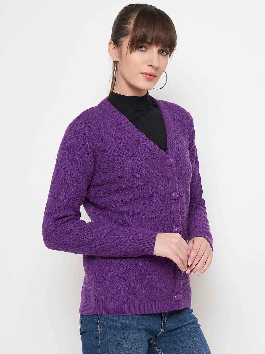 Madame Cable Knit Glossy Buttoned Purple Acrylic Cardigan