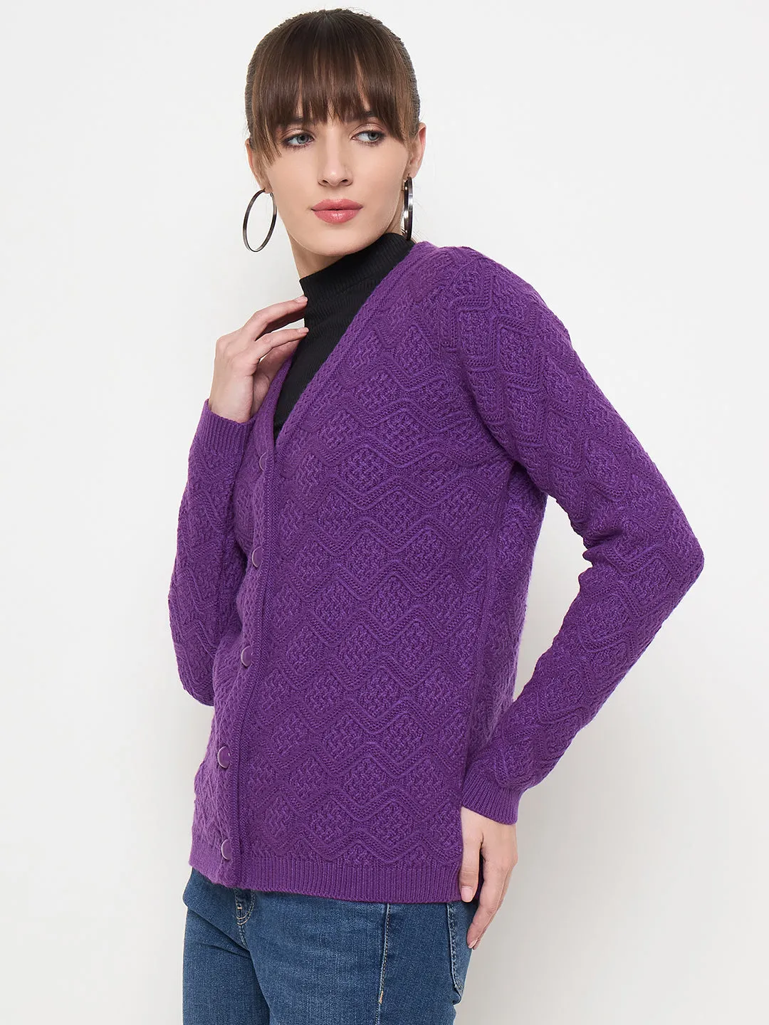 Madame Cable Knit Glossy Buttoned Purple Acrylic Cardigan