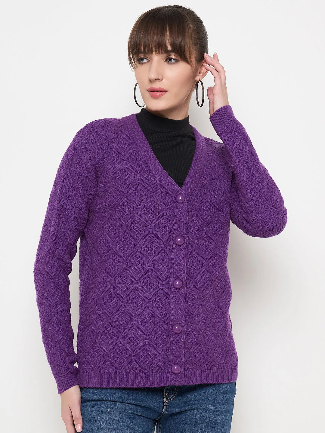 Madame Cable Knit Glossy Buttoned Purple Acrylic Cardigan