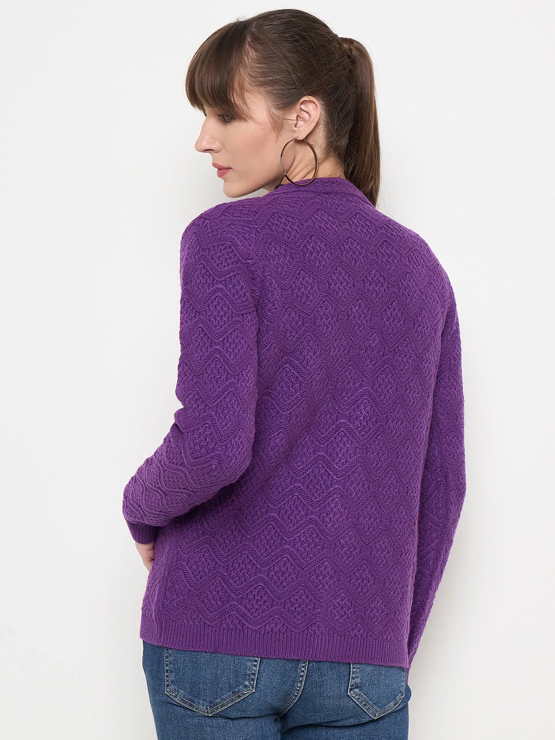 Madame Cable Knit Glossy Buttoned Purple Acrylic Cardigan