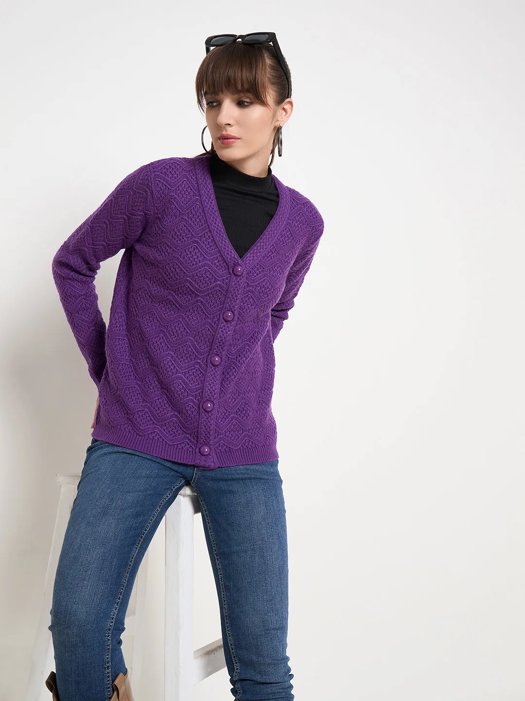 Madame Cable Knit Glossy Buttoned Purple Acrylic Cardigan