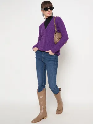 Madame Cable Knit Glossy Buttoned Purple Acrylic Cardigan