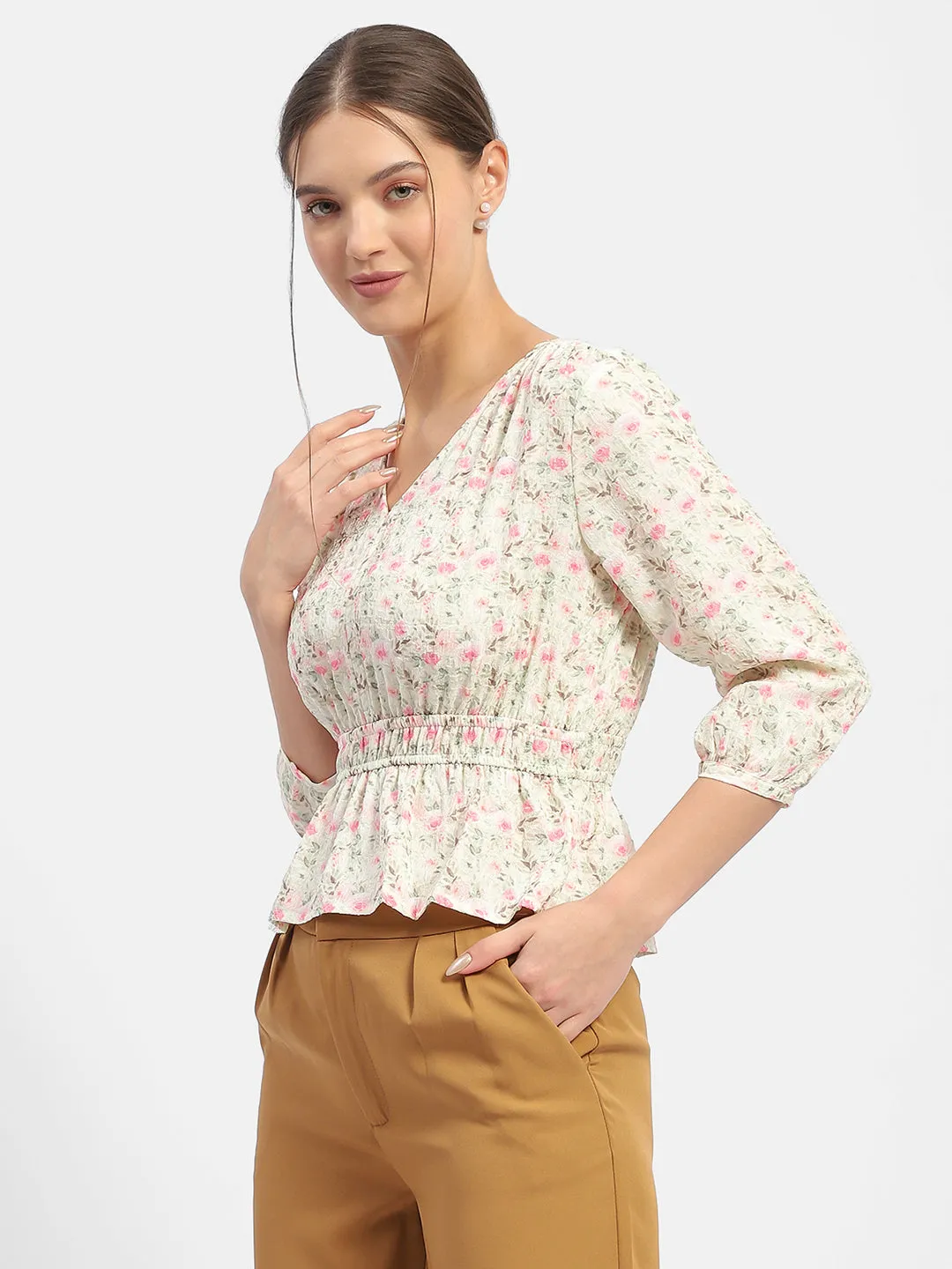 Madame Floral Print Pink Peplum Top