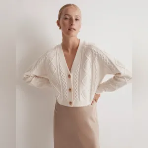Madewell Cable-Knit Cropped Cardigan Cream Wool Blend V Neck Button Size Small