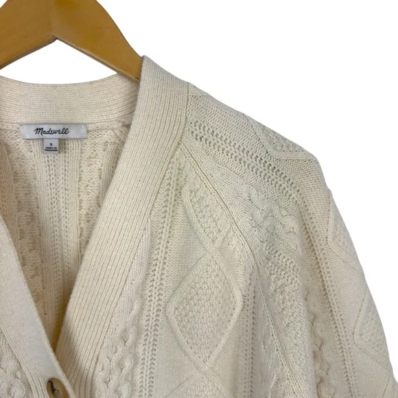 Madewell Cable-Knit Cropped Cardigan Cream Wool Blend V Neck Button Size Small