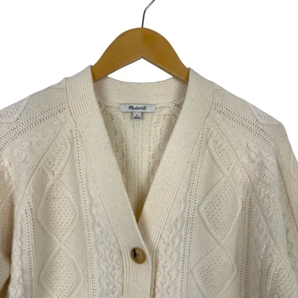 Madewell Cable-Knit Cropped Cardigan Cream Wool Blend V Neck Button Size Small
