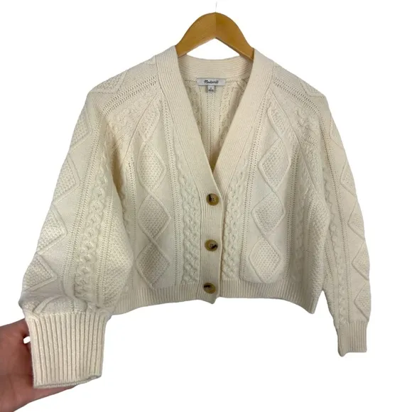 Madewell Cable-Knit Cropped Cardigan Cream Wool Blend V Neck Button Size Small