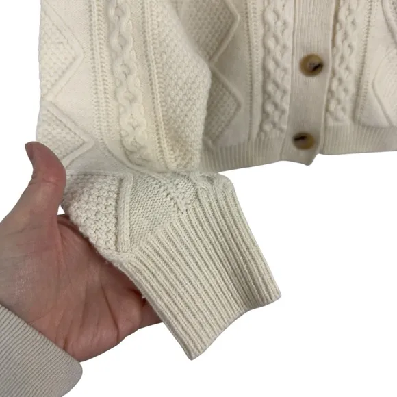 Madewell Cable-Knit Cropped Cardigan Cream Wool Blend V Neck Button Size Small