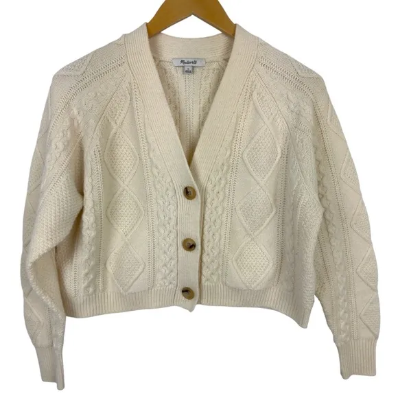 Madewell Cable-Knit Cropped Cardigan Cream Wool Blend V Neck Button Size Small