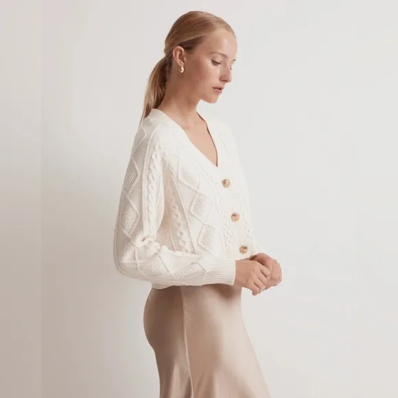 Madewell Cable-Knit Cropped Cardigan Cream Wool Blend V Neck Button Size Small