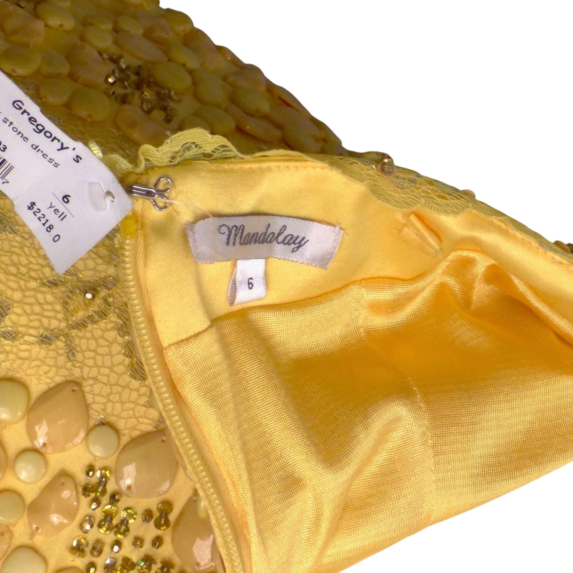MANDALAY-2013 Jeweled Yellow Lace Dress, Size-6