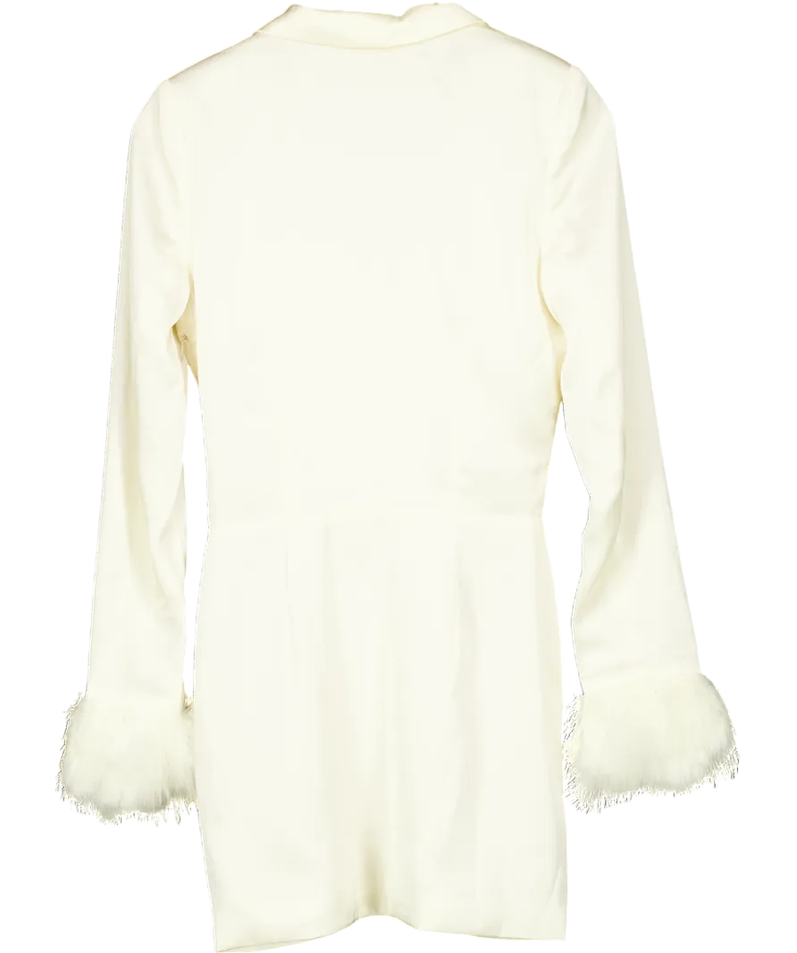 Memoir Cream Satin Mini Dress With Feather Trimmed Sleeves UK XS