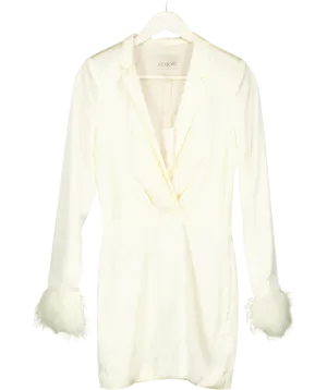 Memoir Cream Satin Mini Dress With Feather Trimmed Sleeves UK XS