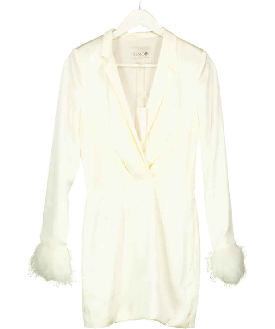 Memoir Cream Satin Mini Dress With Feather Trimmed Sleeves UK XS