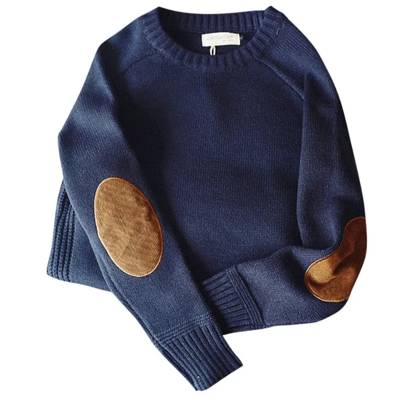 Mens Solid Knit O Neck Sweater with Elbow Patch