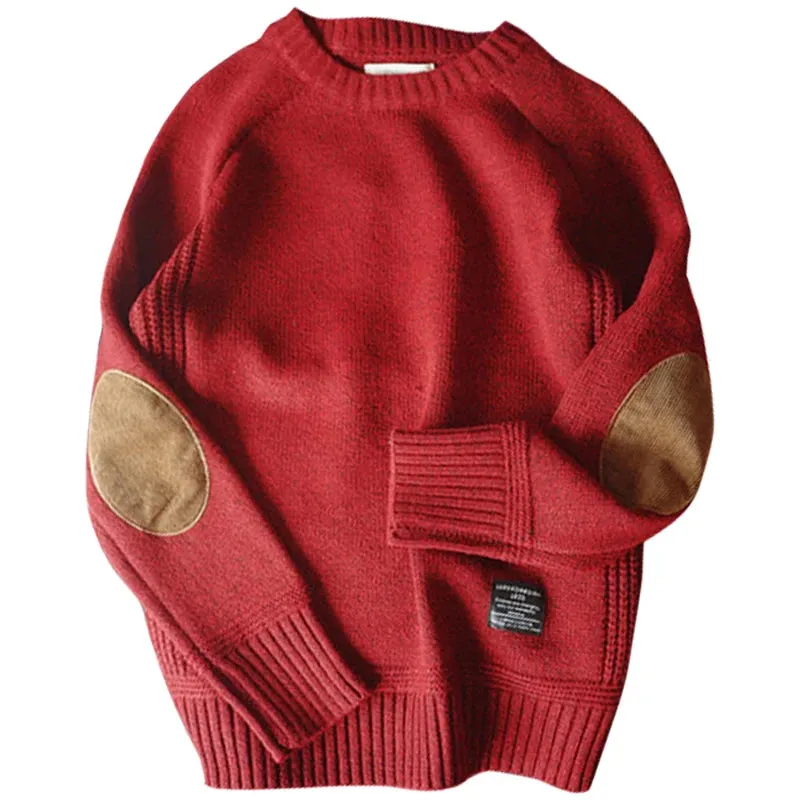 Mens Solid Knit O Neck Sweater with Elbow Patch