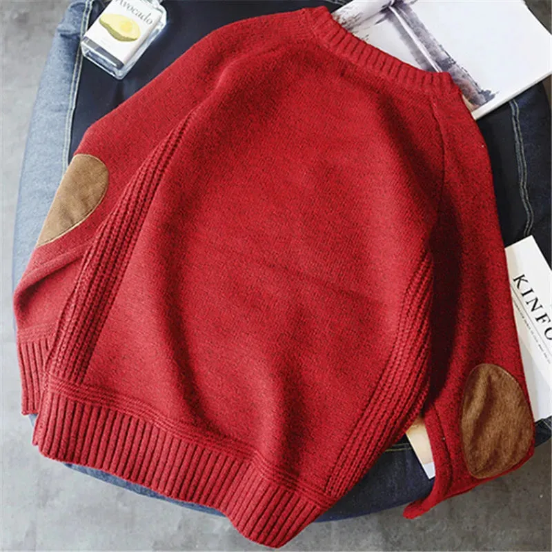 Mens Solid Knit O Neck Sweater with Elbow Patch