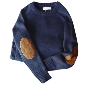 Mens Solid Knit O Neck Sweater with Elbow Patch