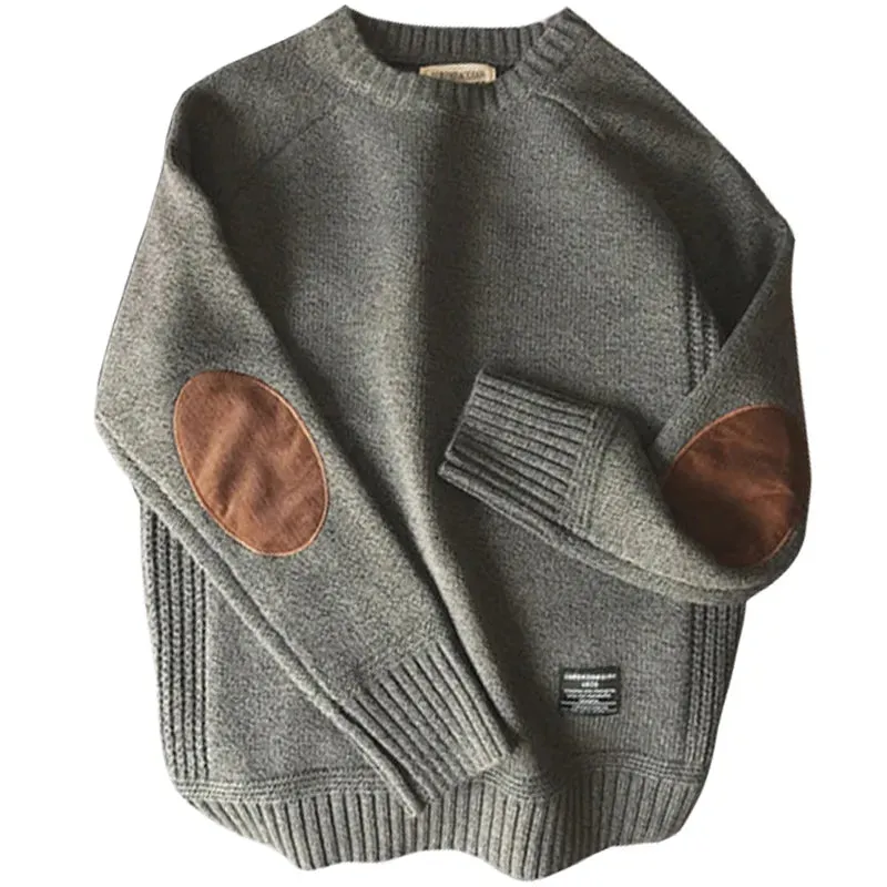 Mens Solid Knit O Neck Sweater with Elbow Patch