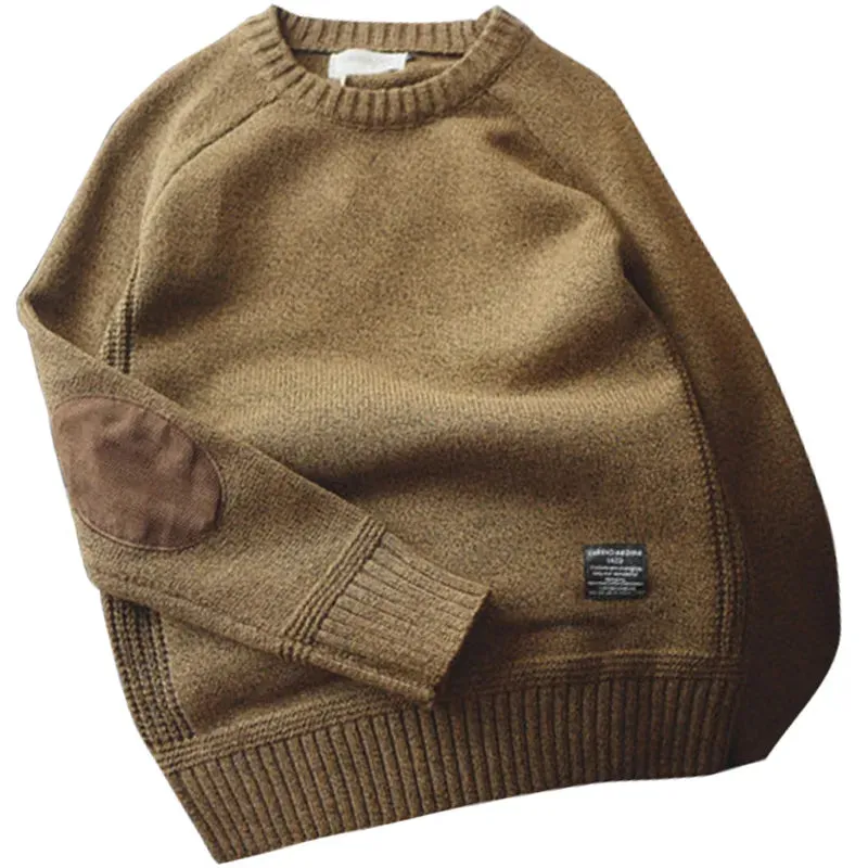 Mens Solid Knit O Neck Sweater with Elbow Patch
