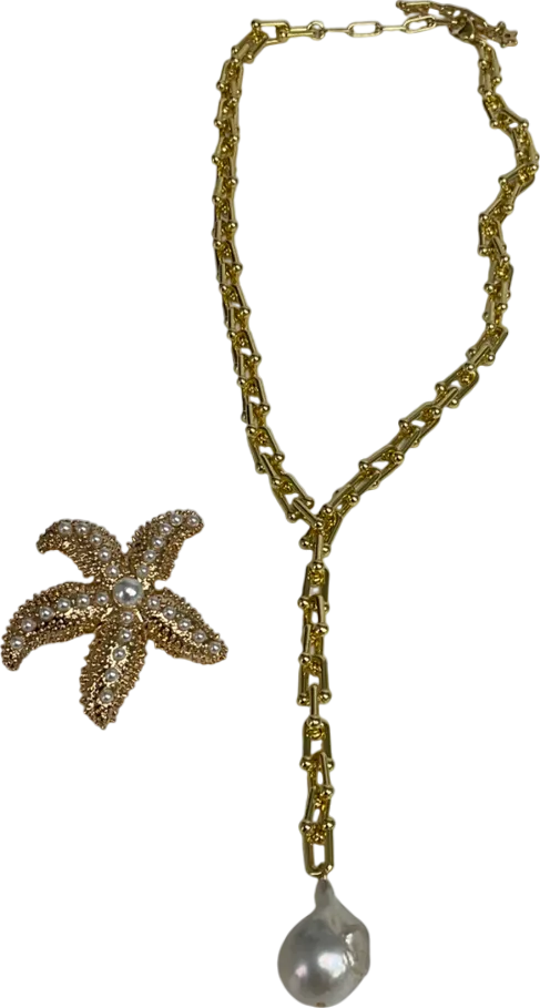 Metallic Gold Choker With Pendant & One Star-fish Earring One Size