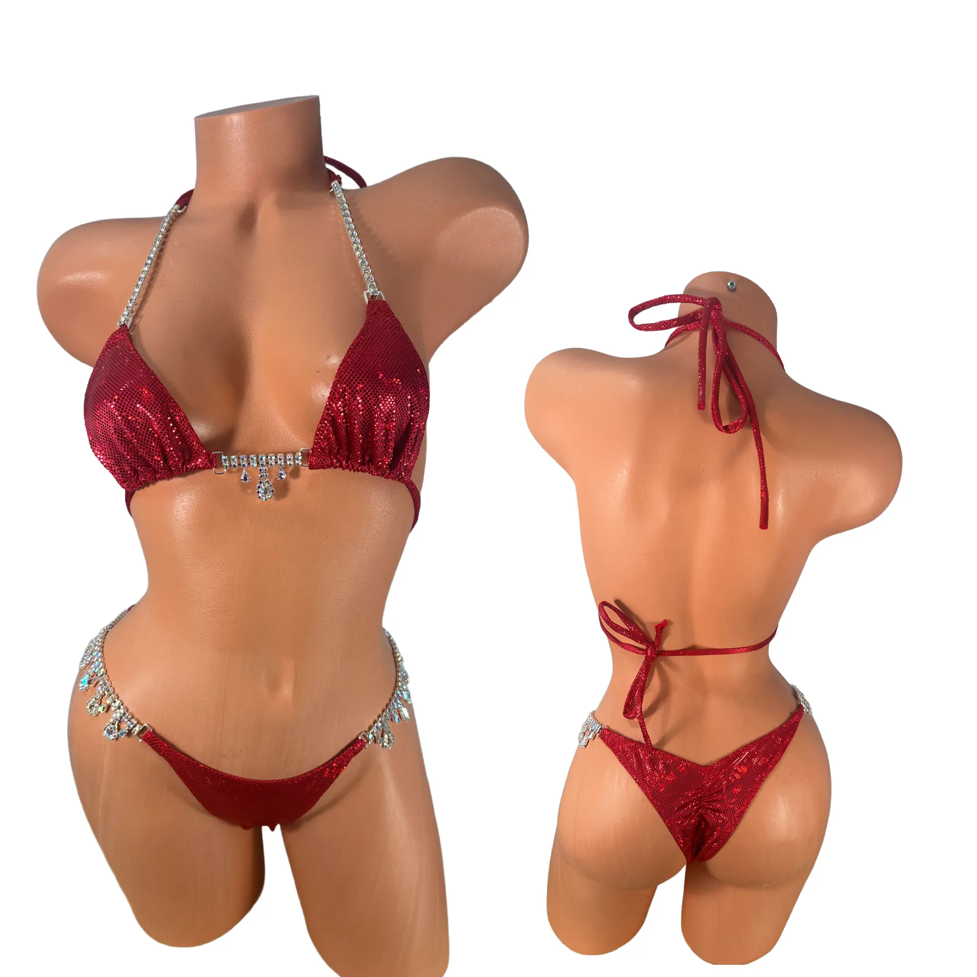 Metallic  Red Bikini with crystal Chandelier connectors
