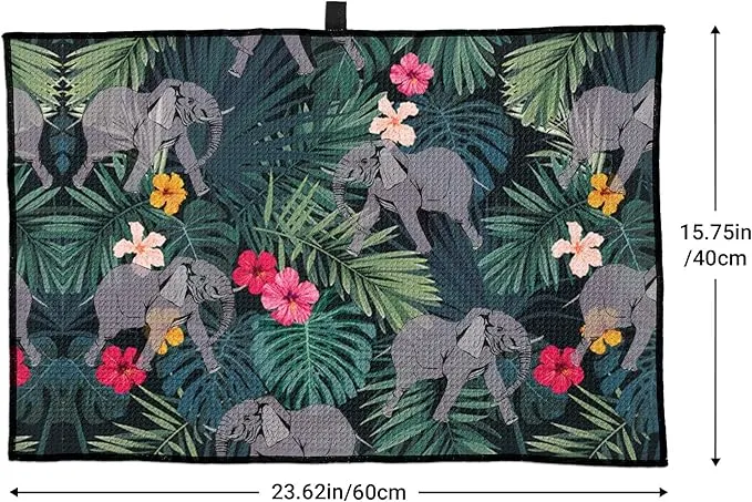 Microfiber Golf Towel Tropical Rainforest Elephant with Palm Leaves Quick-Drying Portable Towel for Yoga Workout & Golf Sport