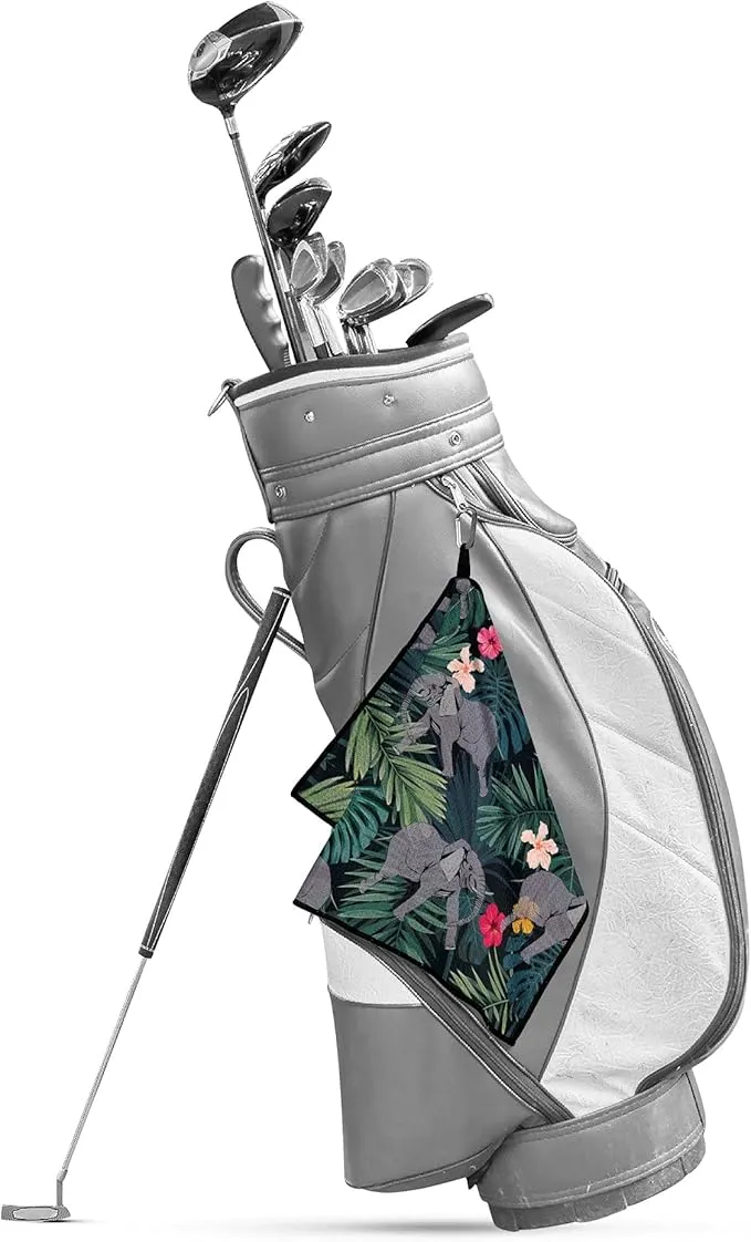 Microfiber Golf Towel Tropical Rainforest Elephant with Palm Leaves Quick-Drying Portable Towel for Yoga Workout & Golf Sport