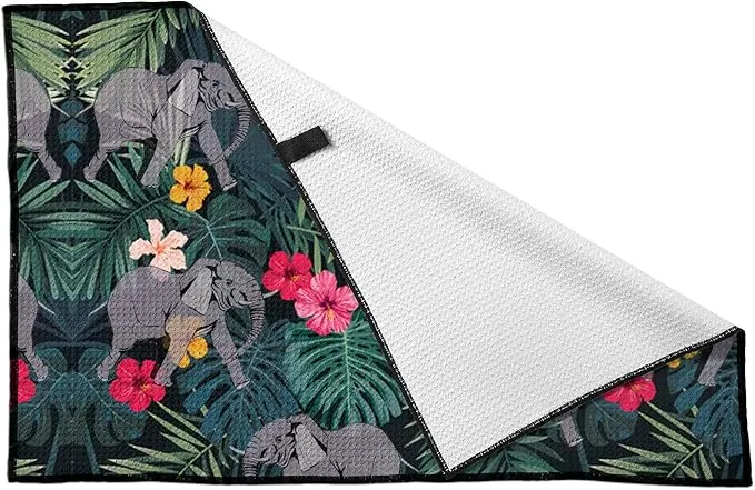 Microfiber Golf Towel Tropical Rainforest Elephant with Palm Leaves Quick-Drying Portable Towel for Yoga Workout & Golf Sport