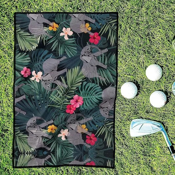 Microfiber Golf Towel Tropical Rainforest Elephant with Palm Leaves Quick-Drying Portable Towel for Yoga Workout & Golf Sport