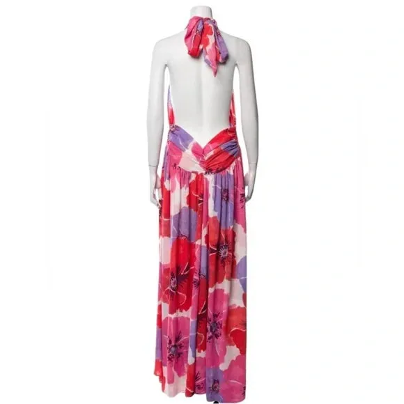 MISA Los Angeles Alexandra Floral & Metallic Halterneck Dress UK XS