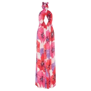 MISA Los Angeles Alexandra Floral & Metallic Halterneck Dress UK XS