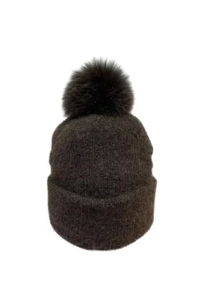 Mohair Beanie W. Fox Fur Brown