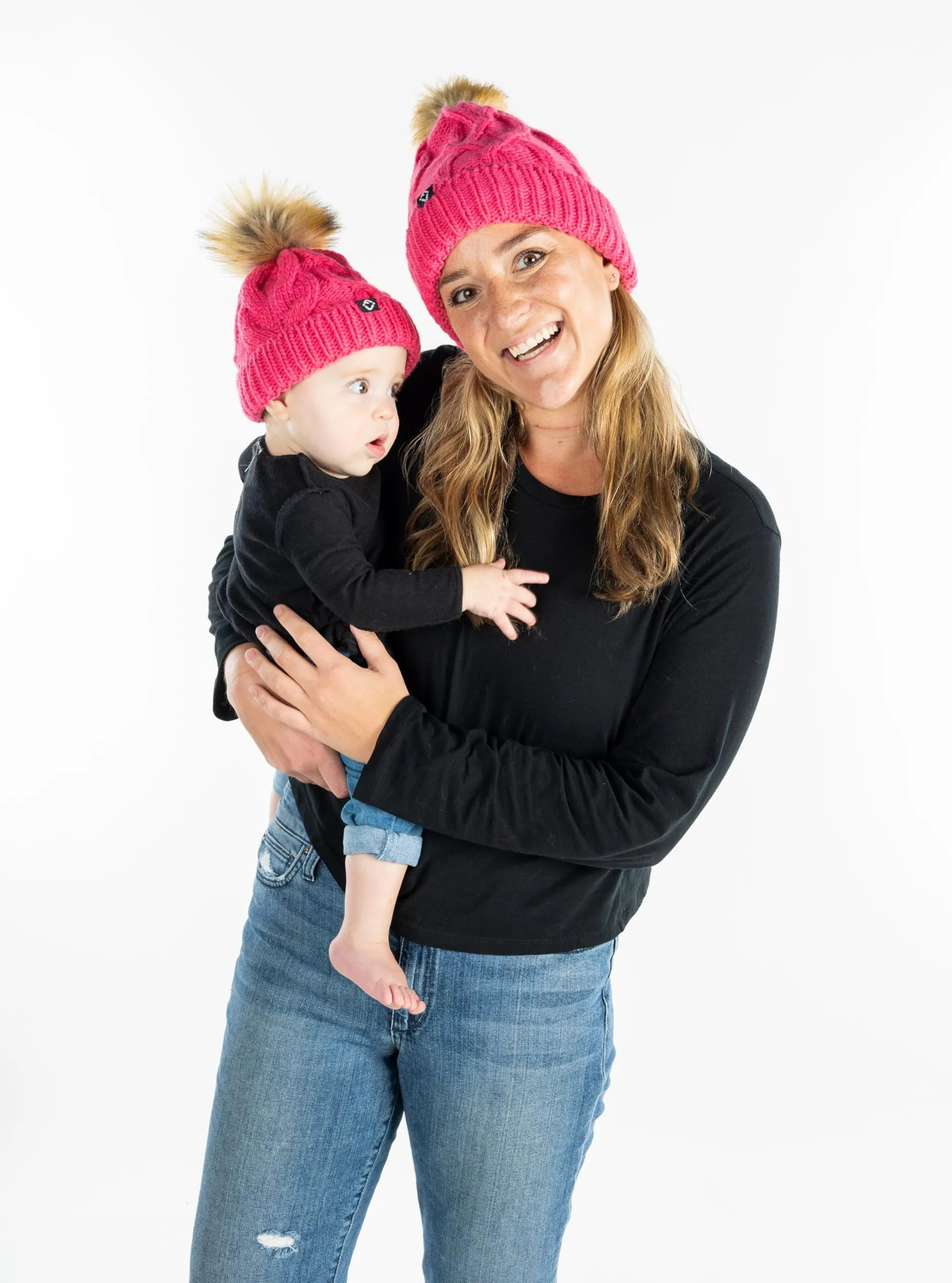 Mommy and Me - Cable Knit Faux Fur Pom Beanie (Adult/Toddler/Infant)