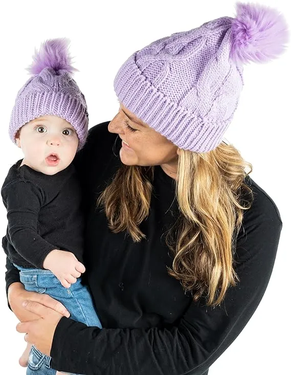 Mommy and Me - Cable Knit Faux Fur Pom Beanie (Adult/Toddler/Infant)