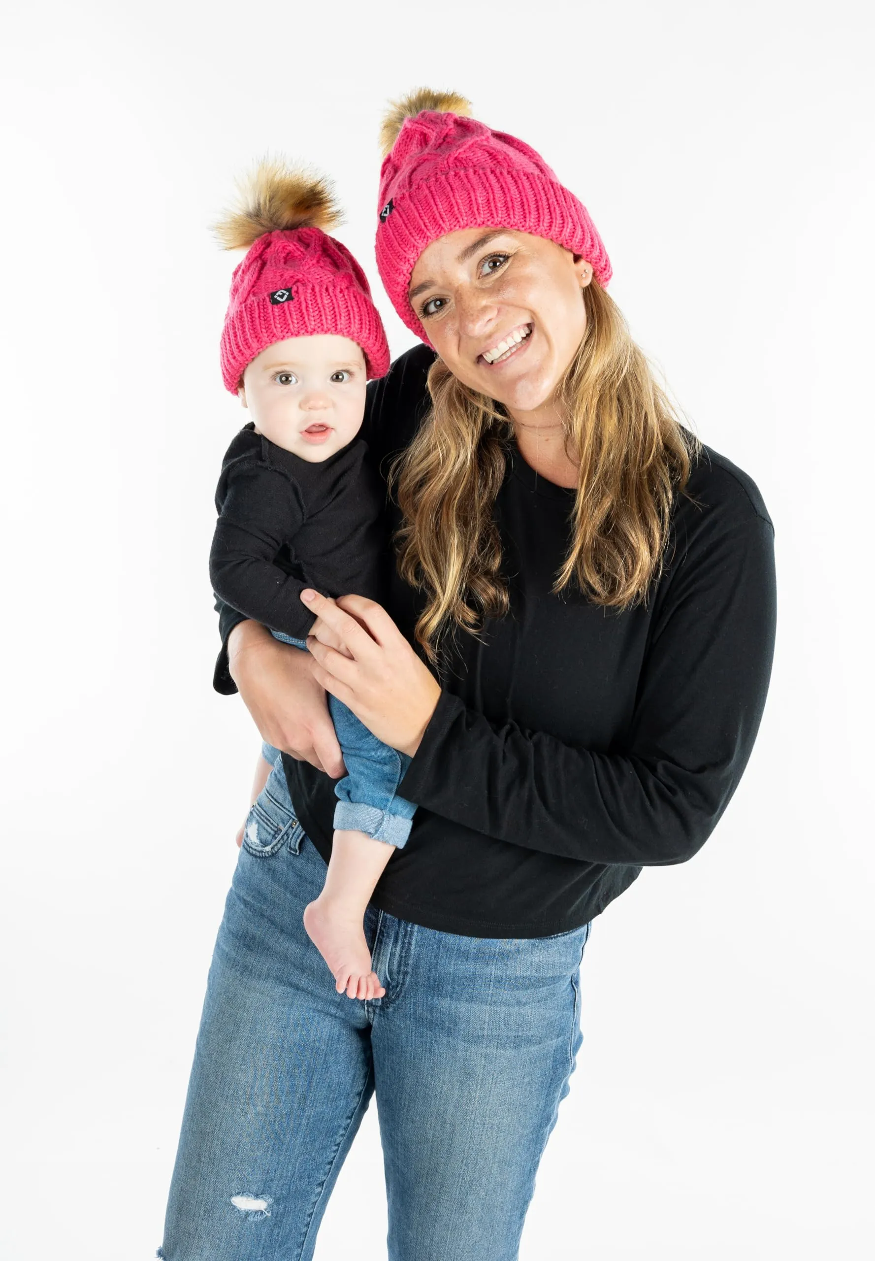 Mommy and Me - Cable Knit Faux Fur Pom Beanie (Adult/Toddler/Infant)