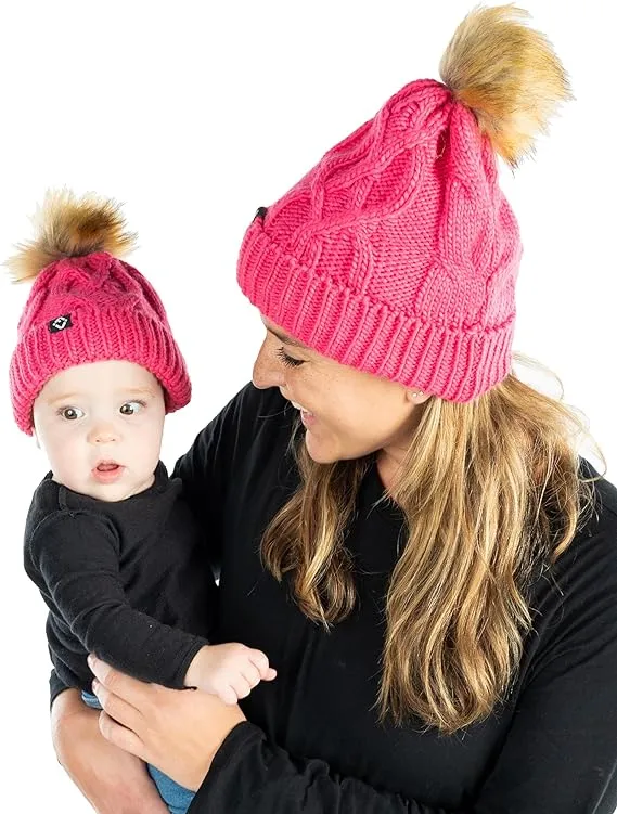 Mommy and Me - Cable Knit Faux Fur Pom Beanie (Adult/Toddler/Infant)