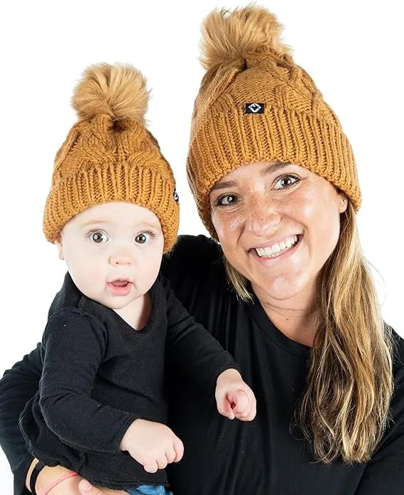 Mommy and Me - Cable Knit Faux Fur Pom Beanie (Adult/Toddler/Infant)
