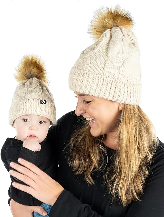 Mommy and Me - Cable Knit Faux Fur Pom Beanie (Adult/Toddler/Infant)
