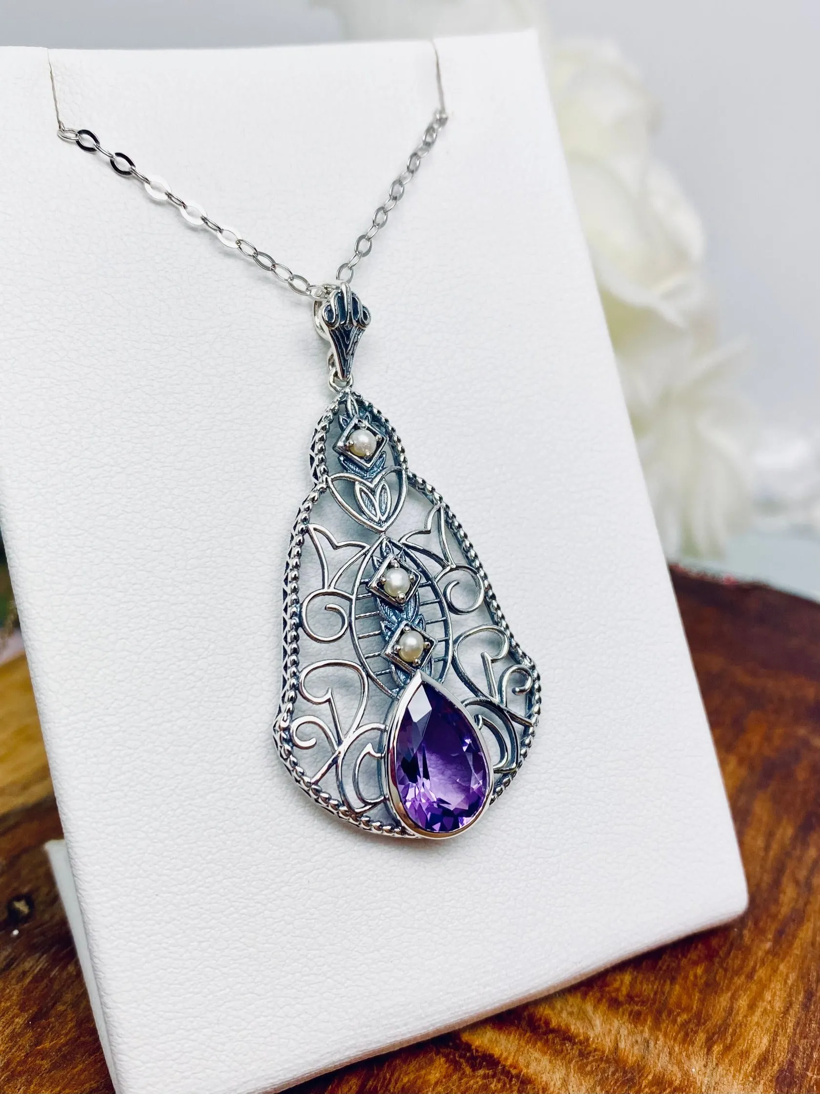 Natural Amethyst Pendant, Pearl Accented Lavalier Necklace, Victorian Jewelry P22
