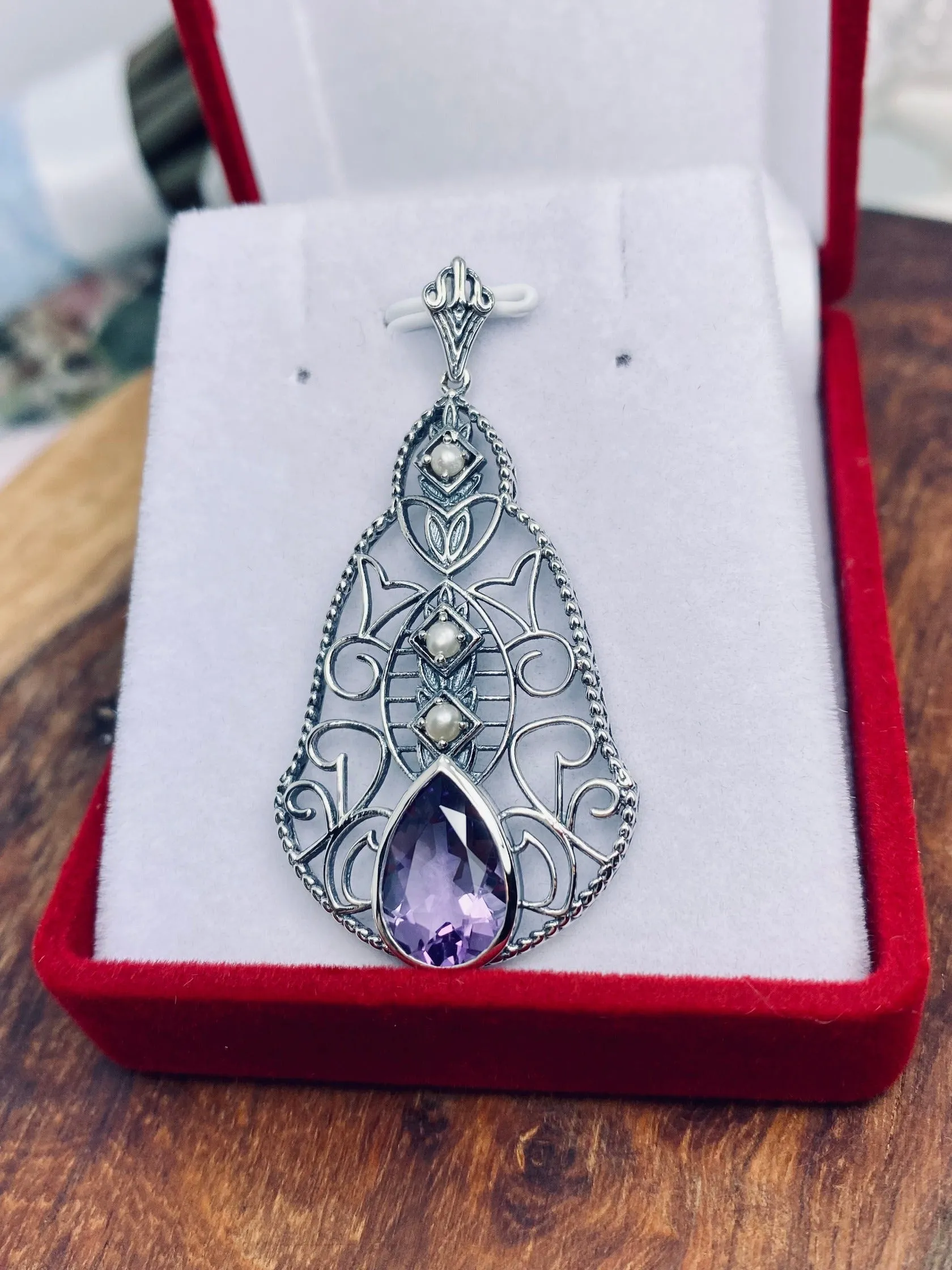 Natural Amethyst Pendant, Pearl Accented Lavalier Necklace, Victorian Jewelry P22