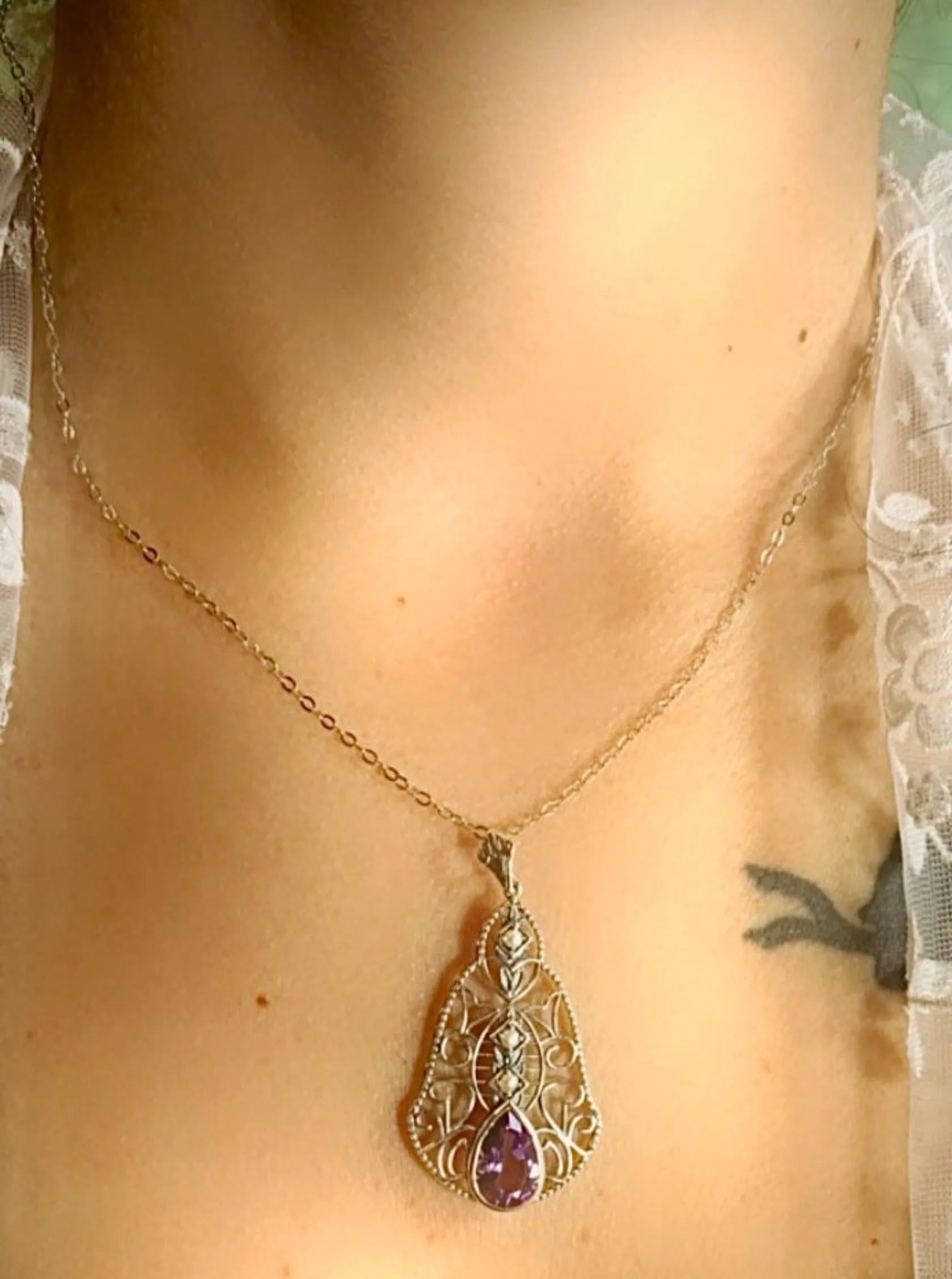 Natural Amethyst Pendant, Pearl Accented Lavalier Necklace, Victorian Jewelry P22