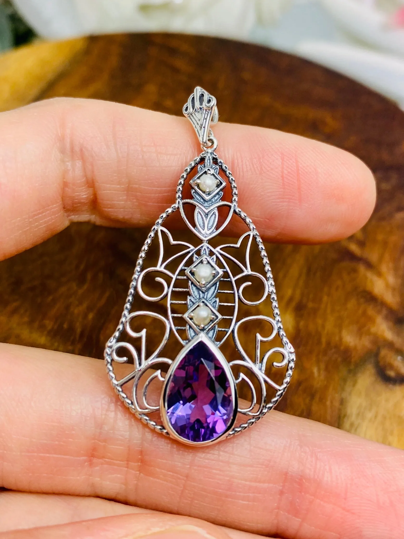 Natural Amethyst Pendant, Pearl Accented Lavalier Necklace, Victorian Jewelry P22